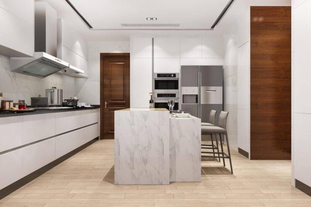 white minimal kitchen-with wood decoration